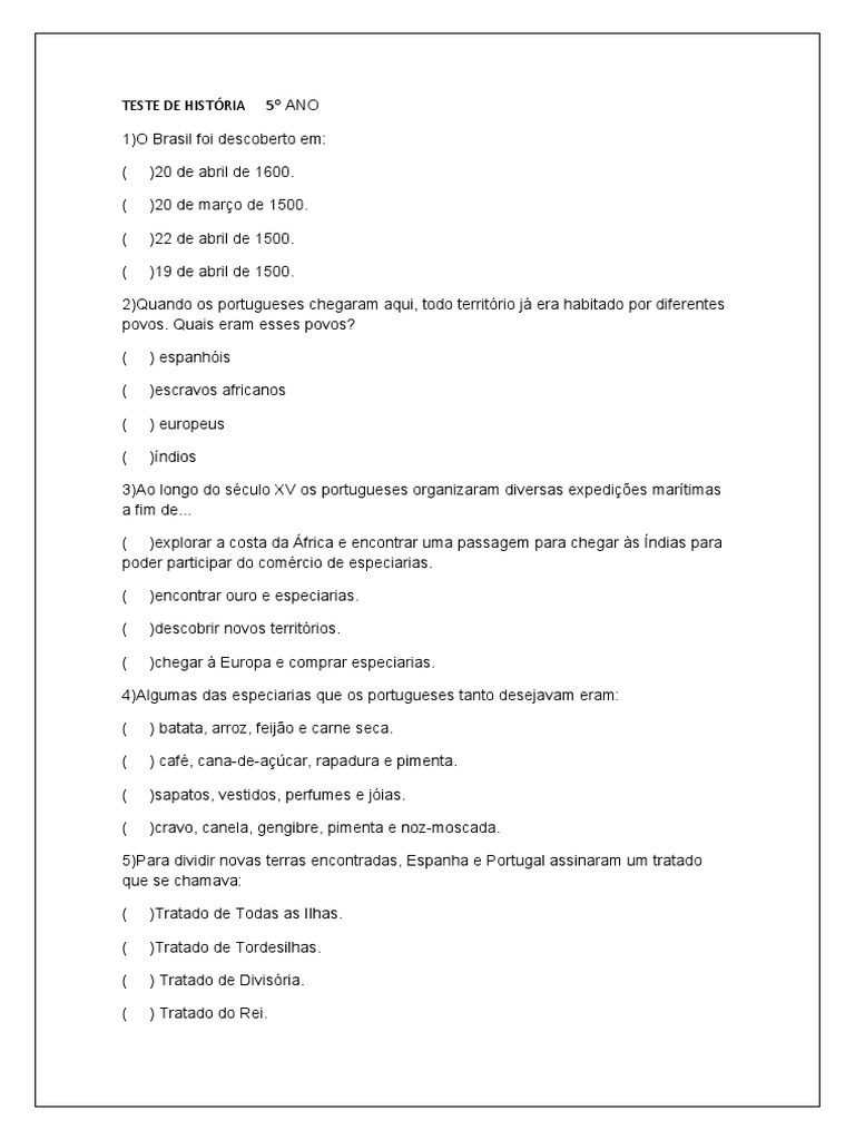 TESTE DE HISTÓRIA 5º ANO