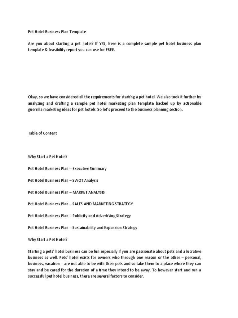 Pet Hotel Business Plan Template PDF Pet Startup Company
