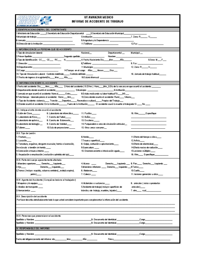 Formato de Reporte de Accidentes de Trabajo | PDF | Lesión | Especialidades  Medicas