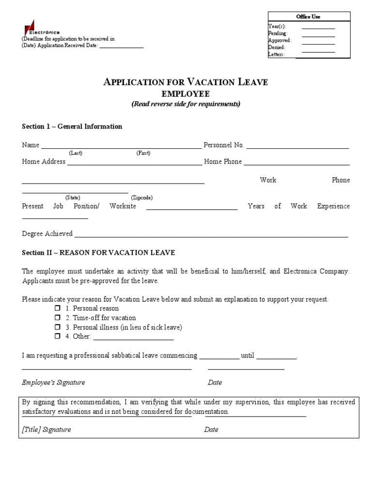 Vacation Leave Application Form | PDF