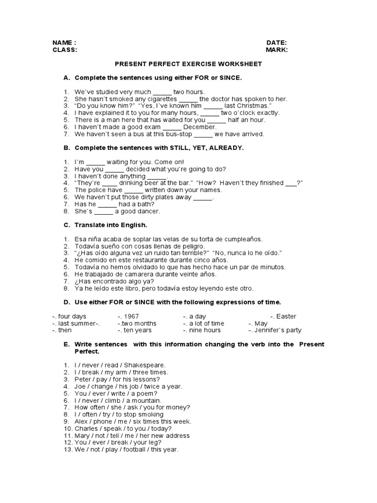 Present Perfect Worksheet | PDF