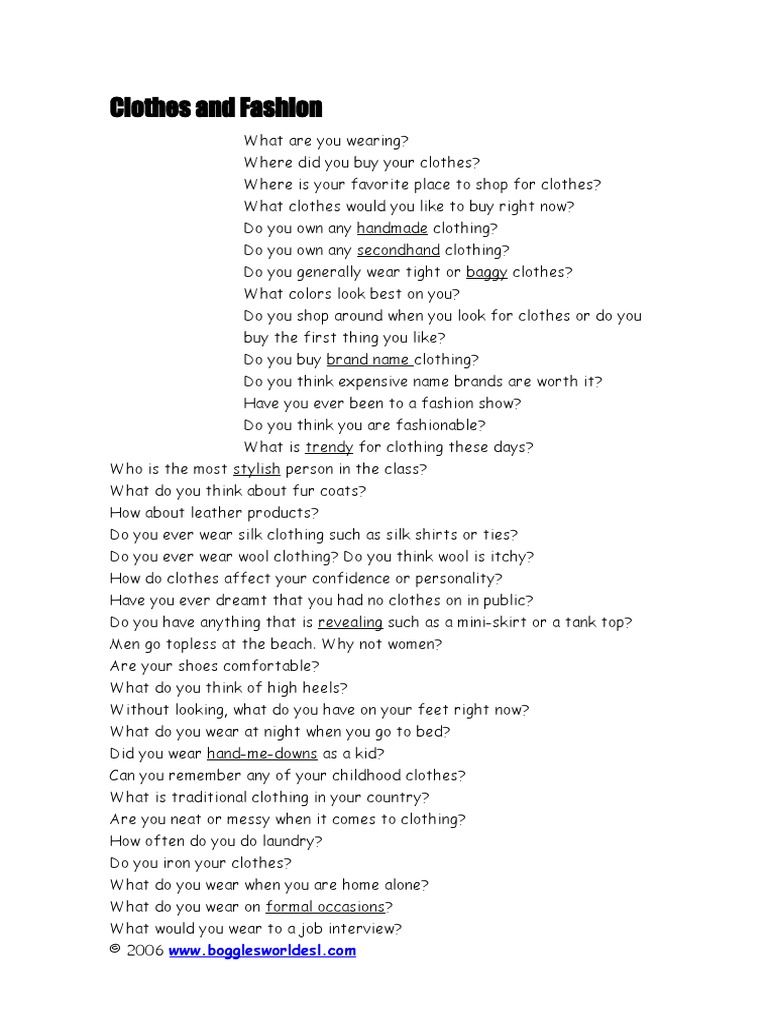 Clothes Questions PDF Clothing Fashion