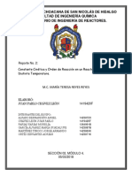 Reporte No 2 - Constante Cinética y Orden de Reacción en Un Reactor Batch A Distinta Temperatura