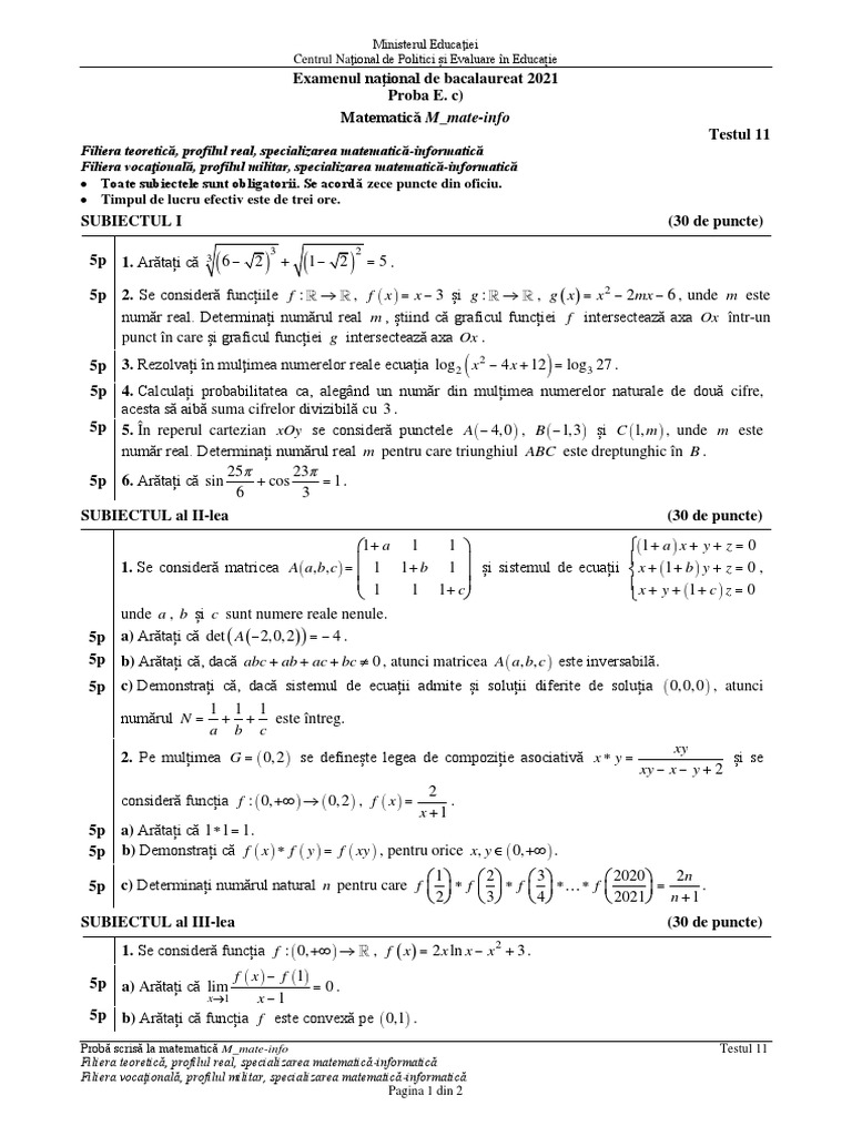 E C Matematica M Mate-Info 2021 Test 11 | PDF
