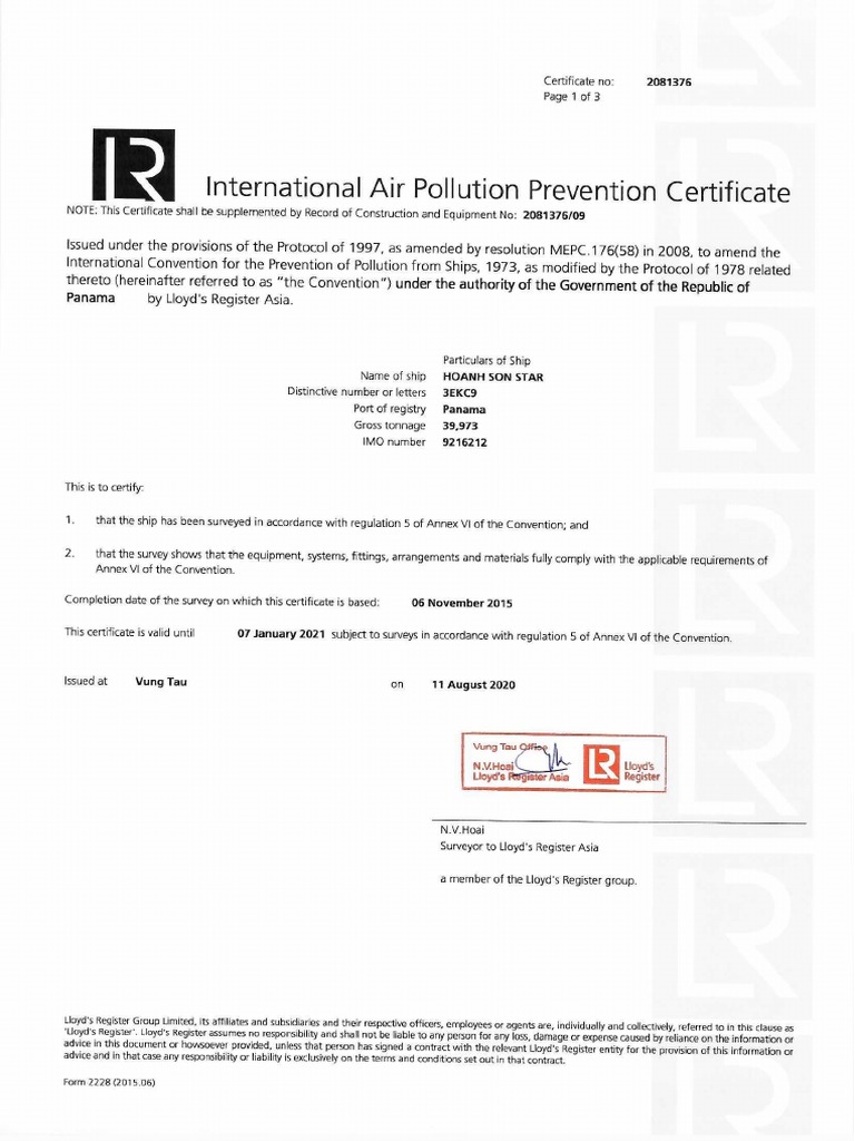 20 international Air Pollution Prevention Certificate PDF