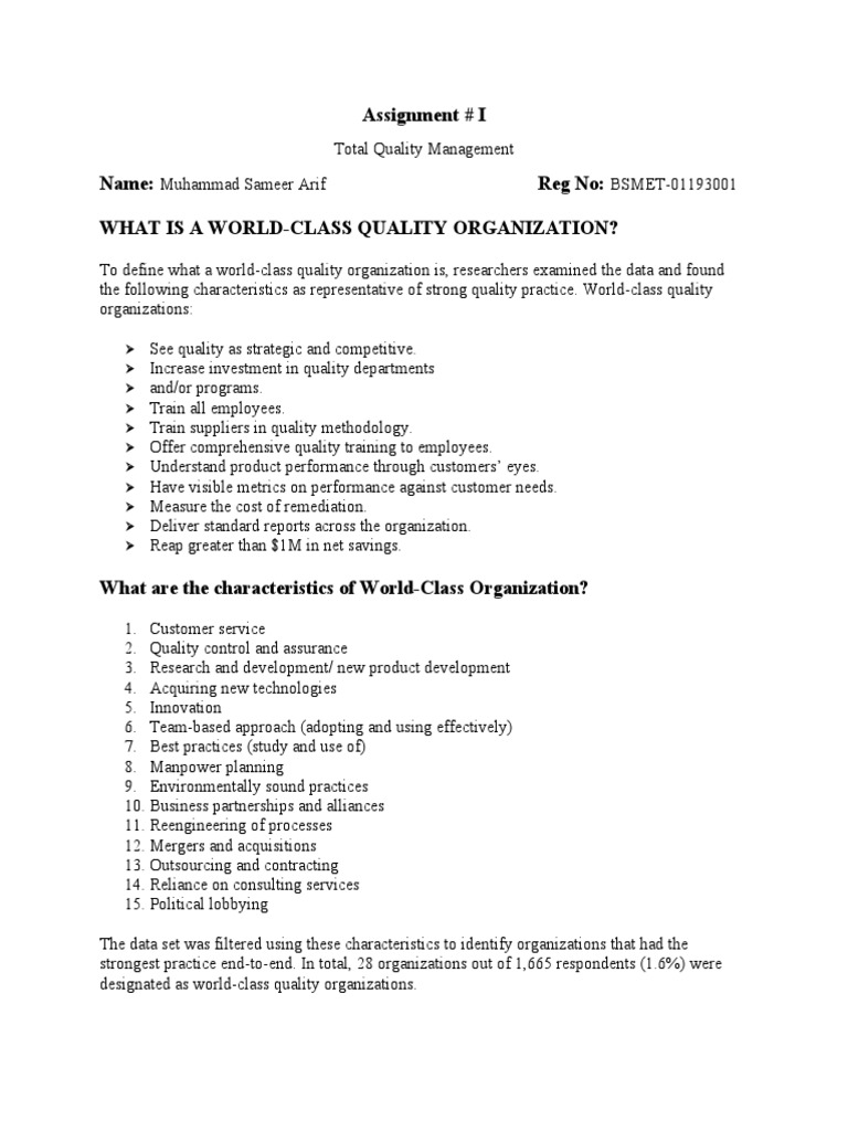 Assignment 1 Tqm Pdf Quality Management Accountability