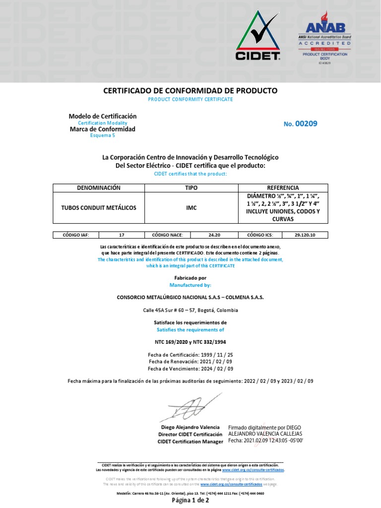 Certificado CIDET Tubos Conduit IMC | PDF | Science