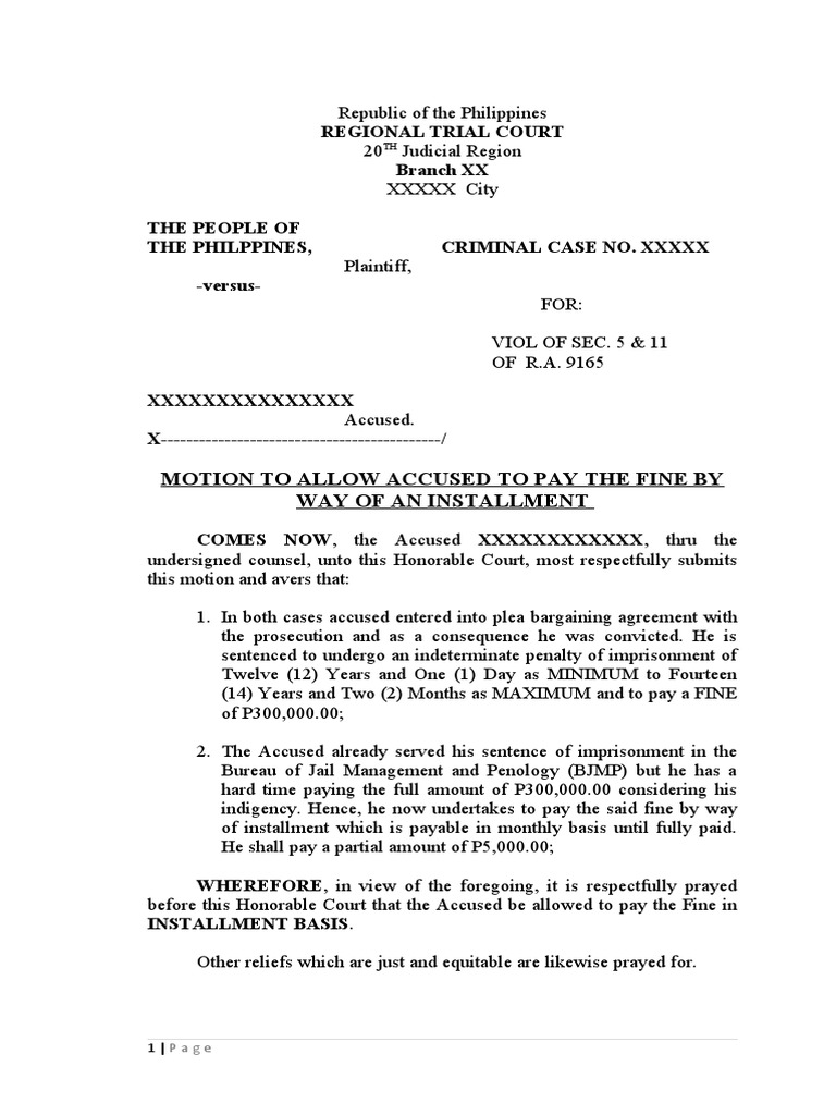 Motion To Pay Fine by Installment SCRIBD PDF Fine (Penalty) Judiciaries