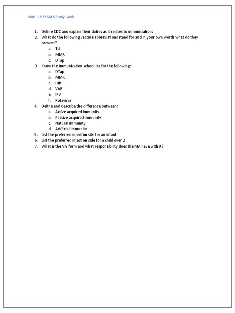 MAP 115 Immunization Study Guide | PDF | Wellness