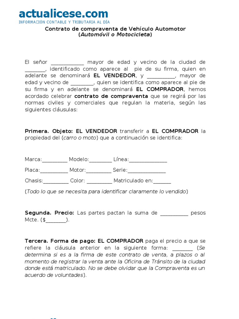 Contrato Compraventa de Carro y Moto | PDF | Finanzas y dinero