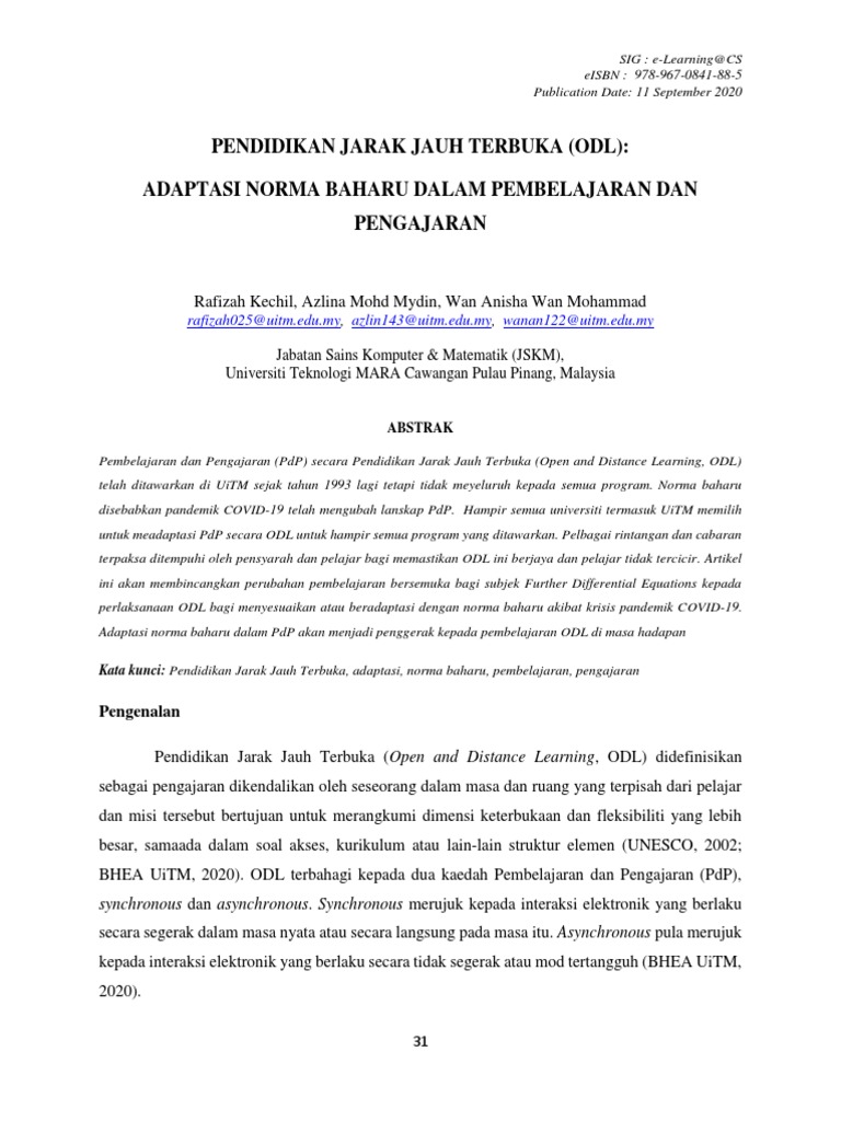 Pendidikan Jarak Jauh Terbuka Odl Adaptasi Norma Baharu Dalam Pembelajaran Dan Pengajaran Pdf