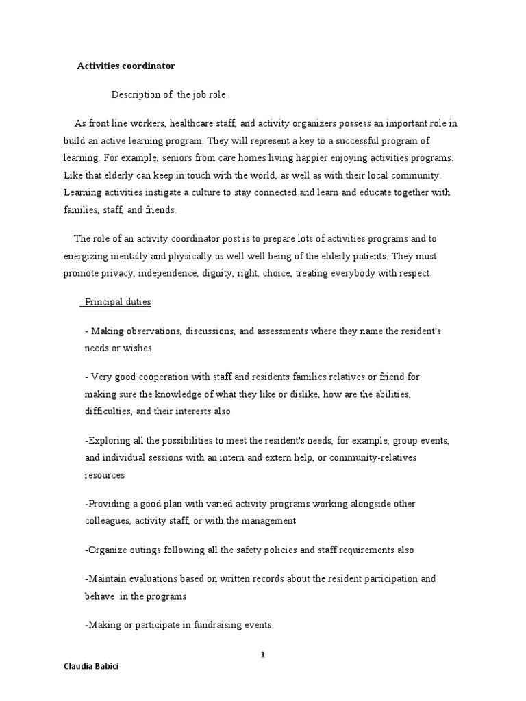 Role of an Activities Coordinator | PDF | Caregiver | Health Care