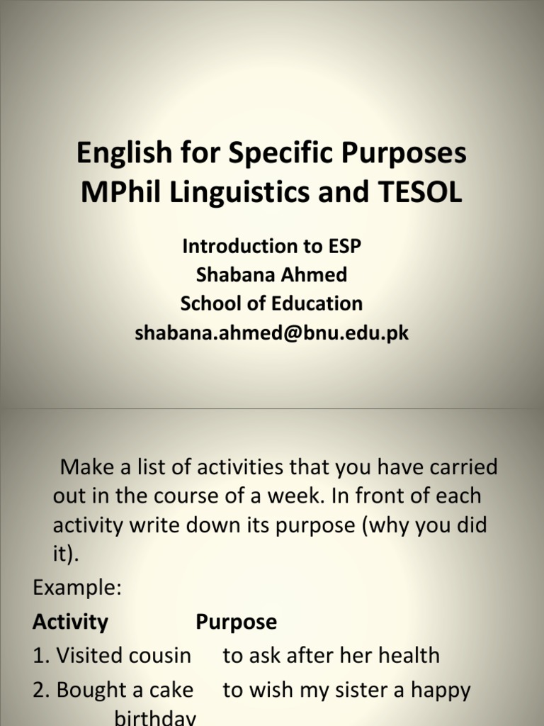 English For Specific Purposes Mphil Linguistics And Tesol Pdf Teachers Learning
