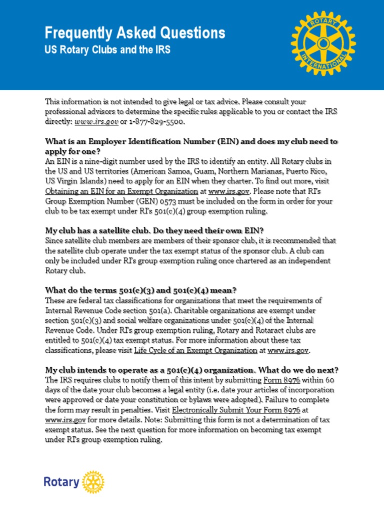 Frequently Asked Questions: US Rotary Clubs and The IRS | PDF | 501(C ...