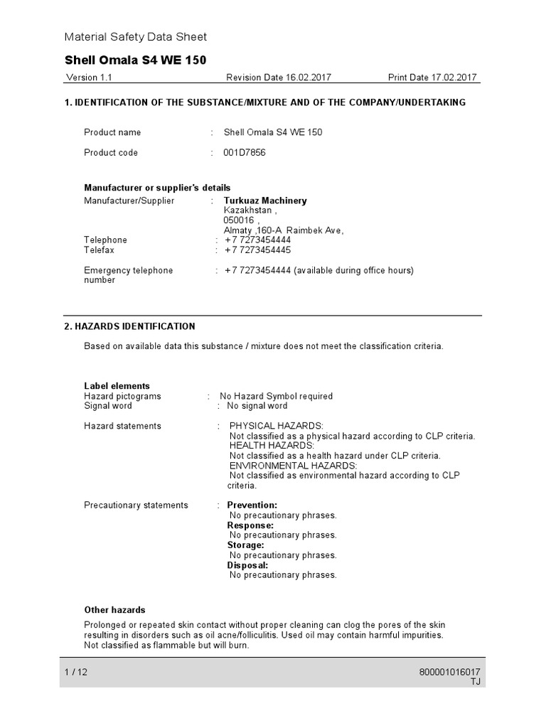 Shell Omala S4 WE 150 | Download Free PDF | Personal Protective ...