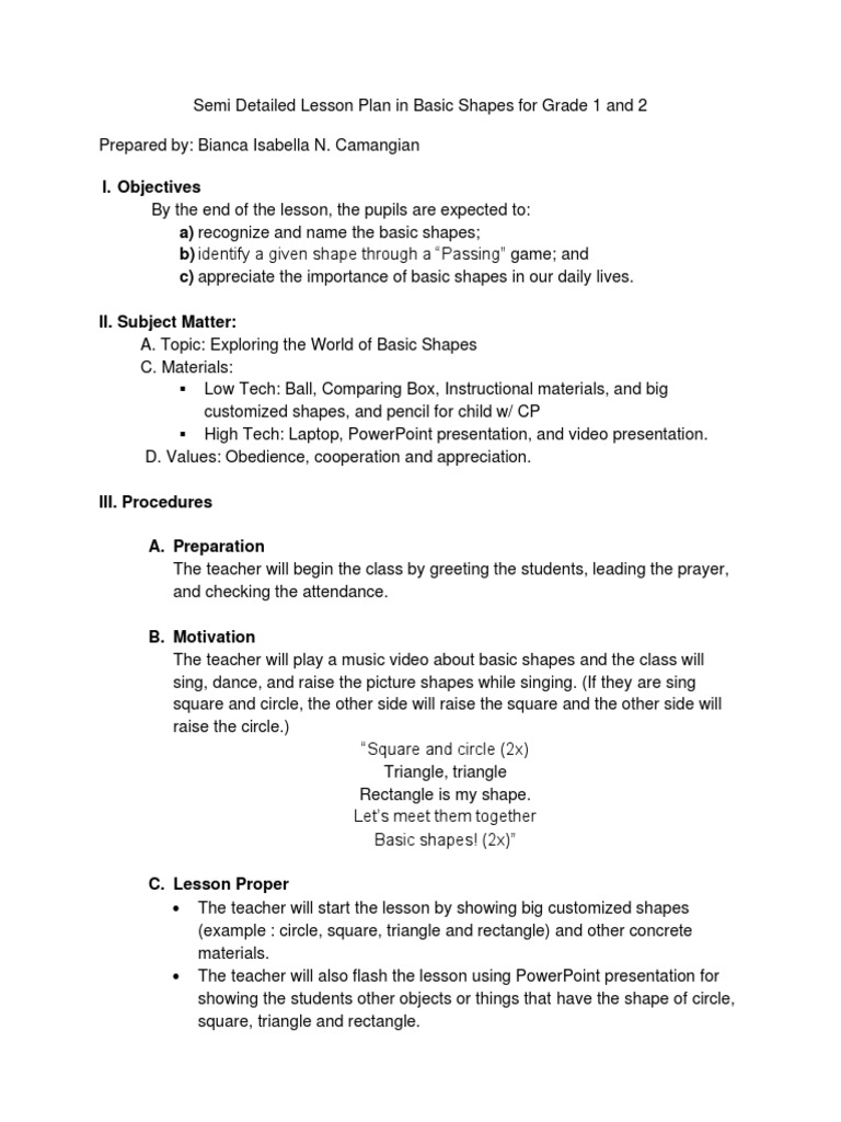 Grade 1 Lesson Plan: Basic Shapes | PDF | Shape | Lesson Plan