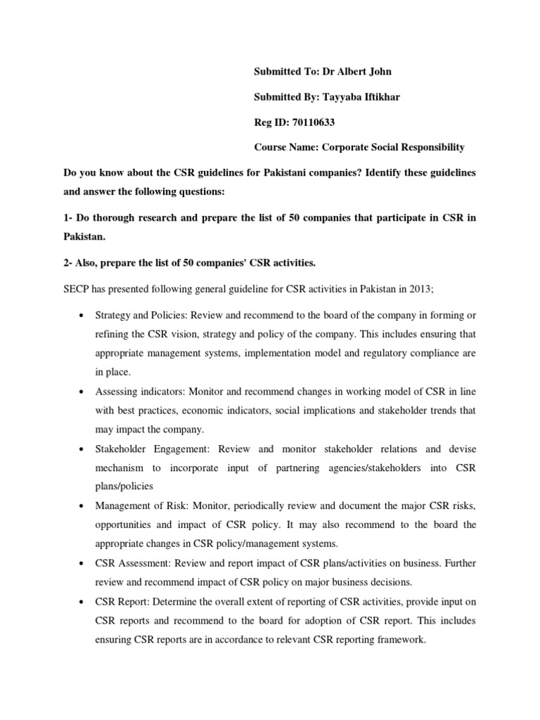 CSR Guidelines and Activities in Pakistan | PDF | Corporate Social ...