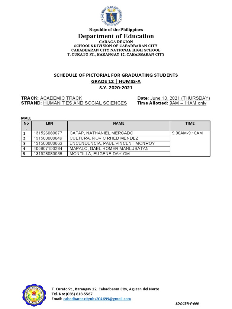 Department of Education: Schedule of Pictorial For Graduating Students ...