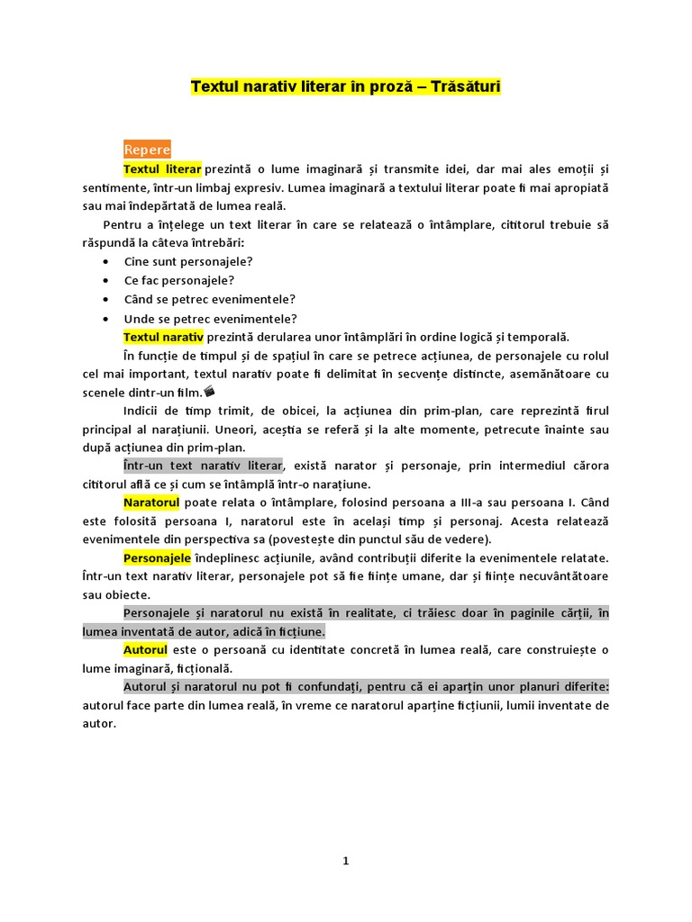 Textul Narativ Literar În Proză - Repere | PDF