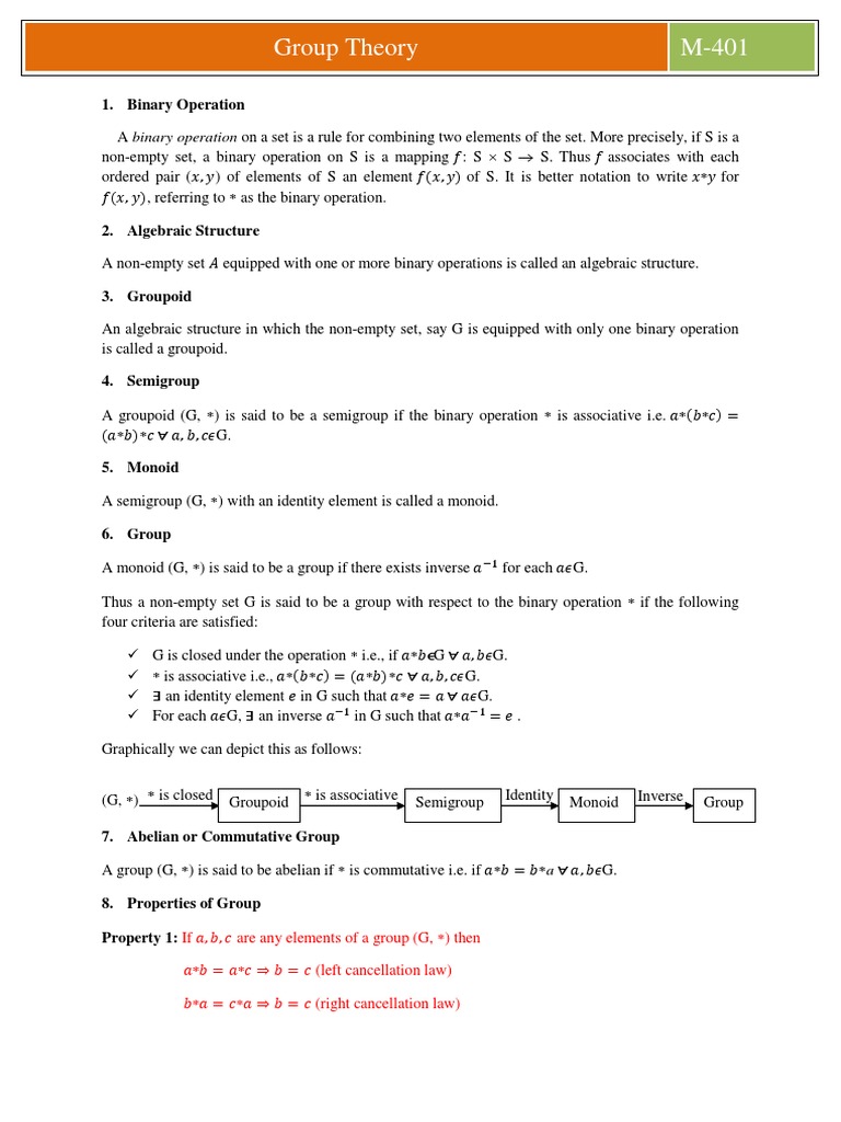 Group Theory M-401: 1. Binary Operation | PDF | Group (Mathematics ...