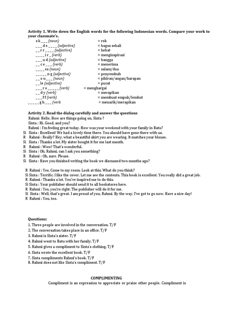 Activity 1 Write Down The English Words For The Following Indonesian Words Compare Your Work To Your Classmate S Pdf Sympathy Verb
