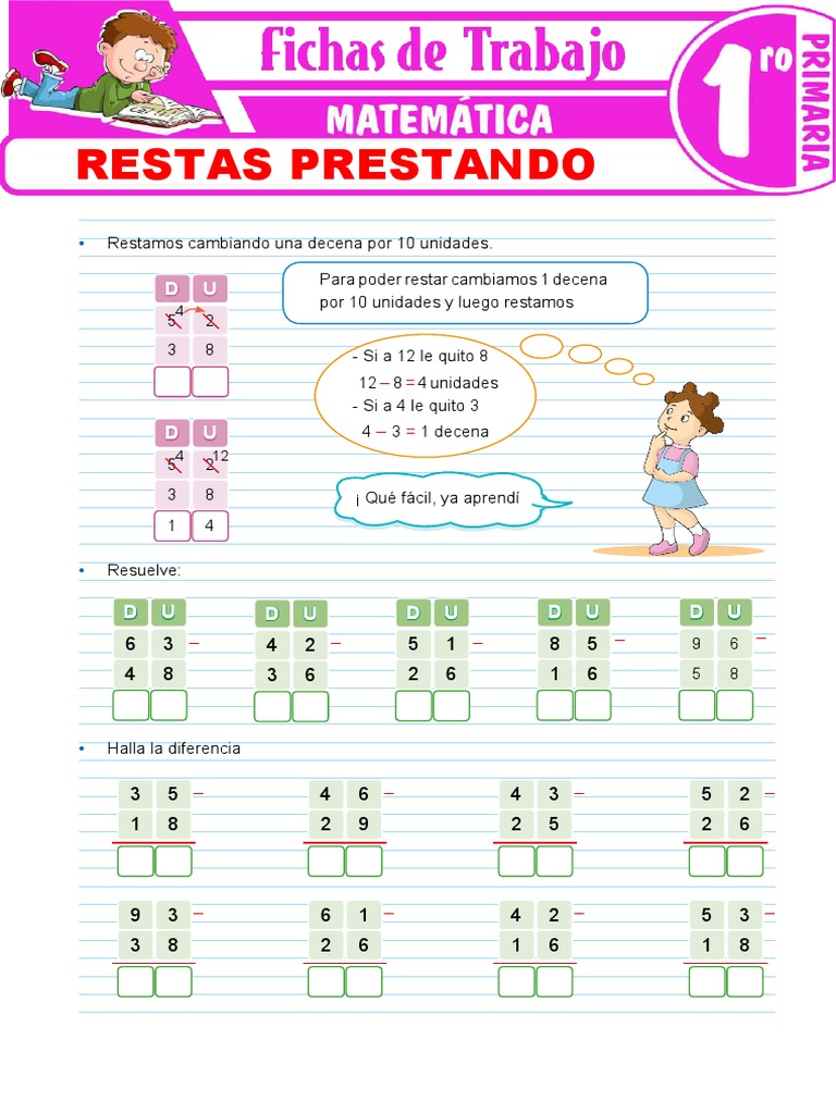 Hojas De Trabajo De Resta Para Alumnos De Primer Grado Sumas Llevando