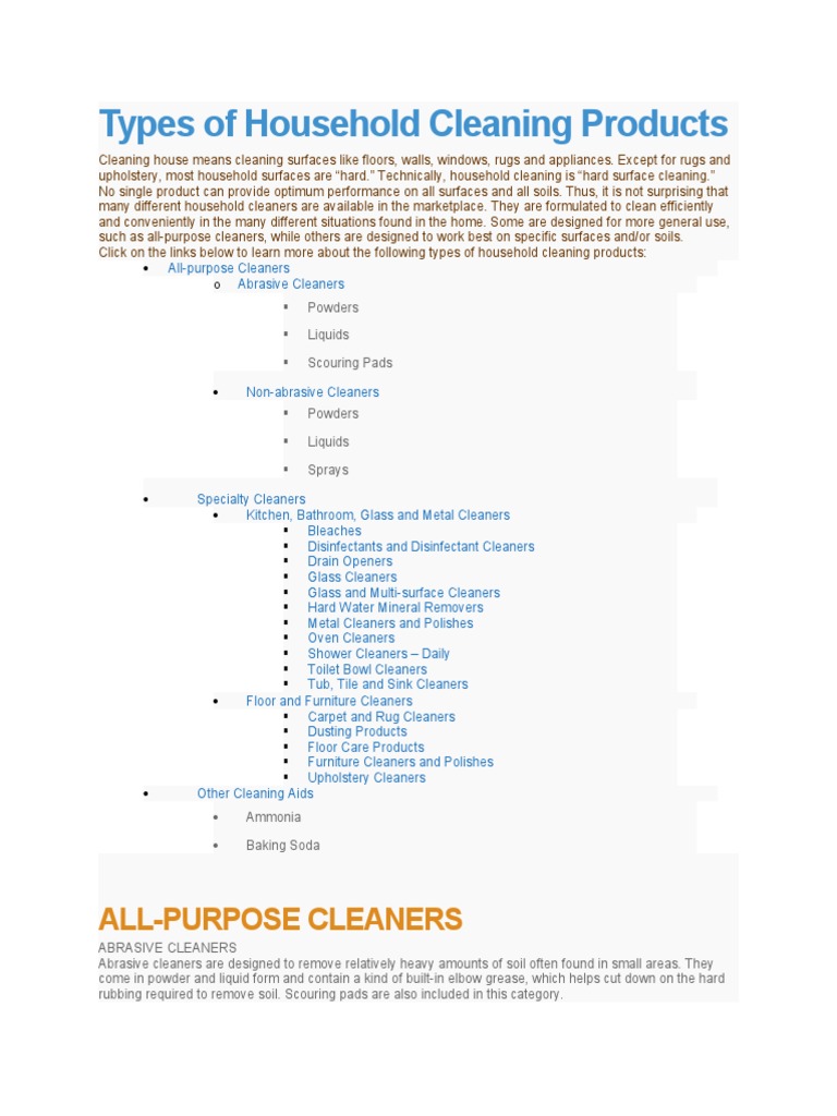 Word File Types of Household Cleaning Products Download Free PDF
