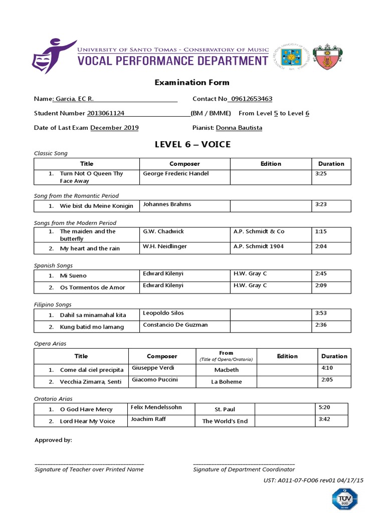 Voice Exam Level 6 Form Garcia | PDF | Italian Music | Vocal Musical ...