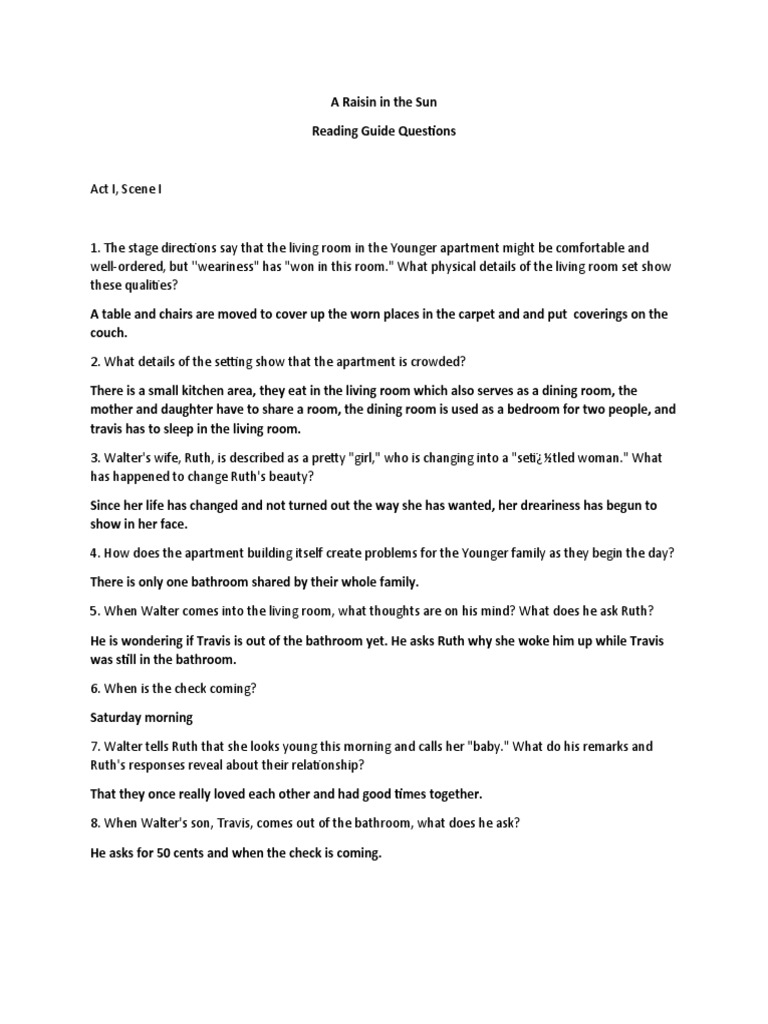 9 Raisin in The Sun Reading Questions Act I Scene 1 PDF