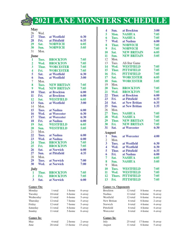 Lake Monsters 2021 Schedule PDF Sports Leisure