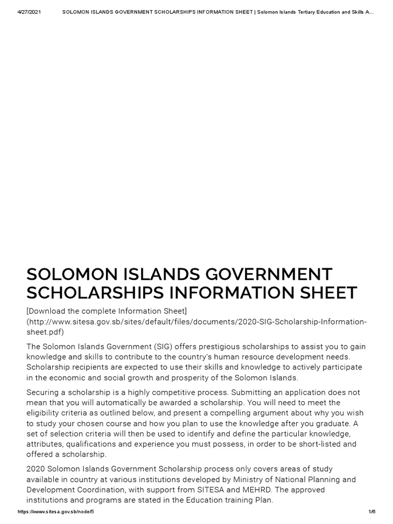 SOLOMON ISLANDS GOVERNMENT SCHOLARSHIPS INFORMATION SHEET Solomon