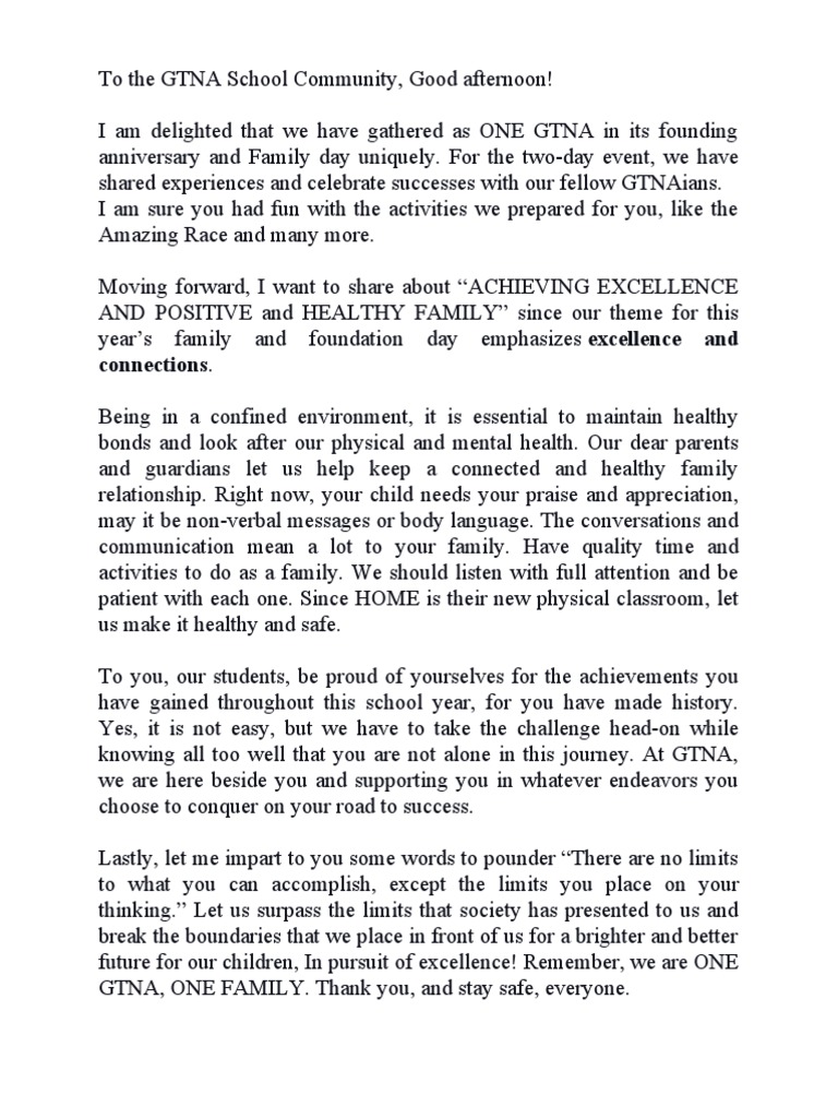 Closing Remarks Family and Foundation Day 2021 | PDF | Self-Improvement ...