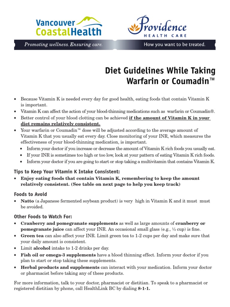 Diet Guidelines While Taking Warfarin or Coumadin™ Tips To Keep Your