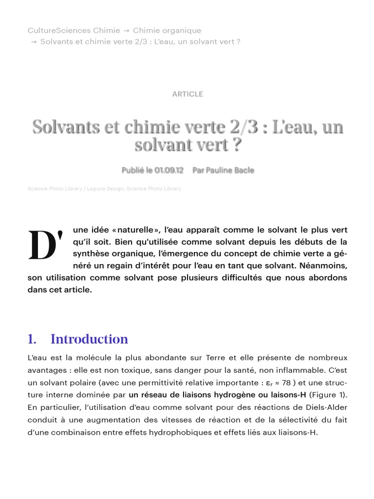 Solvants Et Chimie Verte 2 - 3 - L'eau, Un Solvant Vert ...