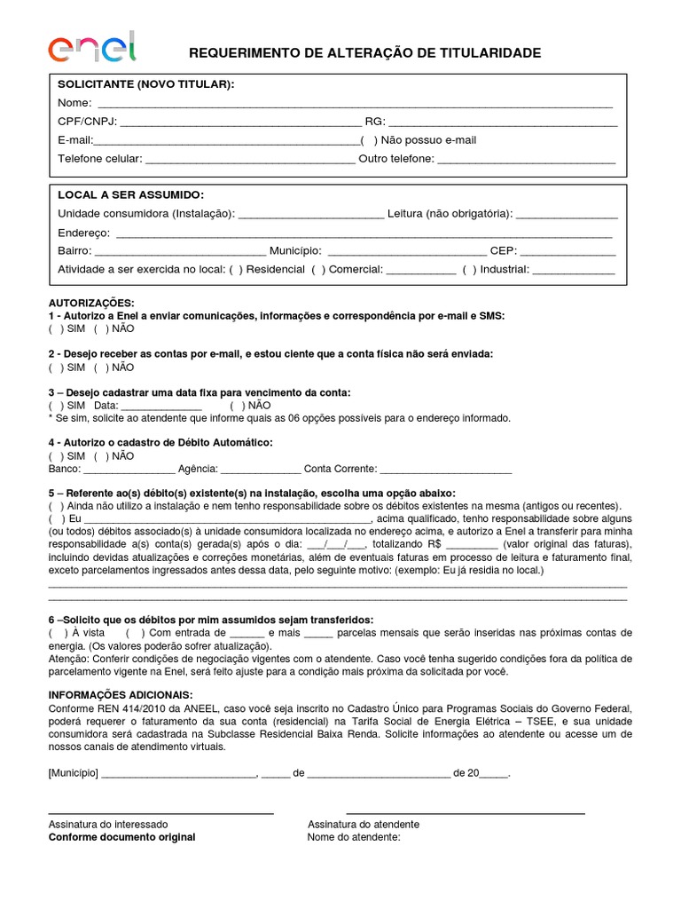 Requerimento de Alteracao de Titularidade Enel