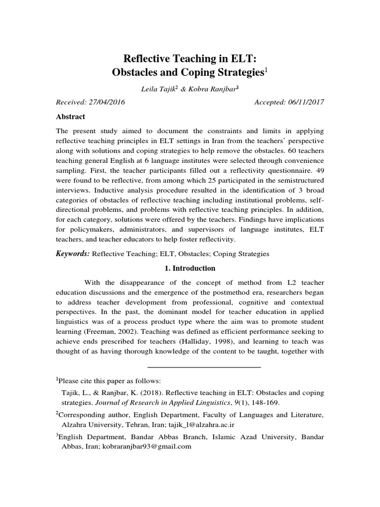 Reflective Teaching in ELT Obstacles and Coping Strategies | PDF ...