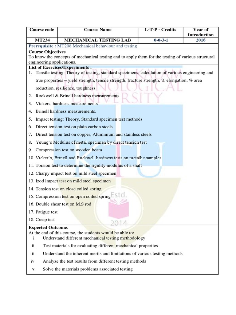 MT234 Mechanical Testing Lab | PDF