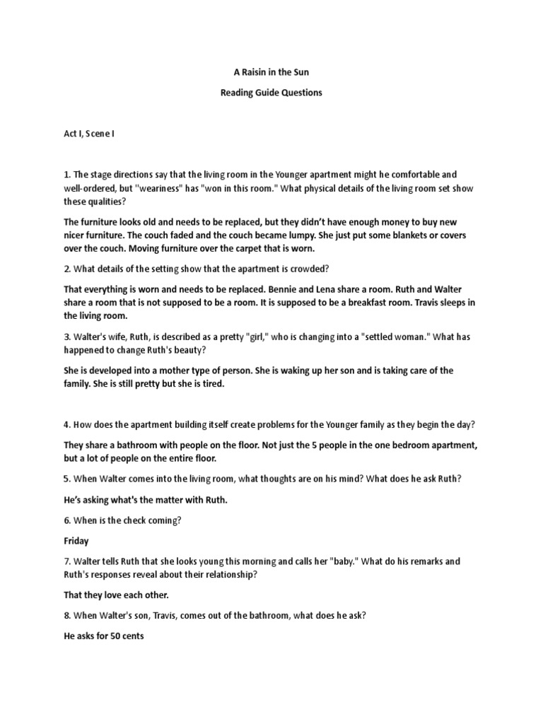 9 Raisin in The Sun Reading Questions Act I Scene 1 PDF