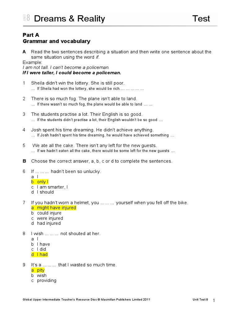 Dreams & Reality Test: Part A Grammar and Vocabulary | PDF