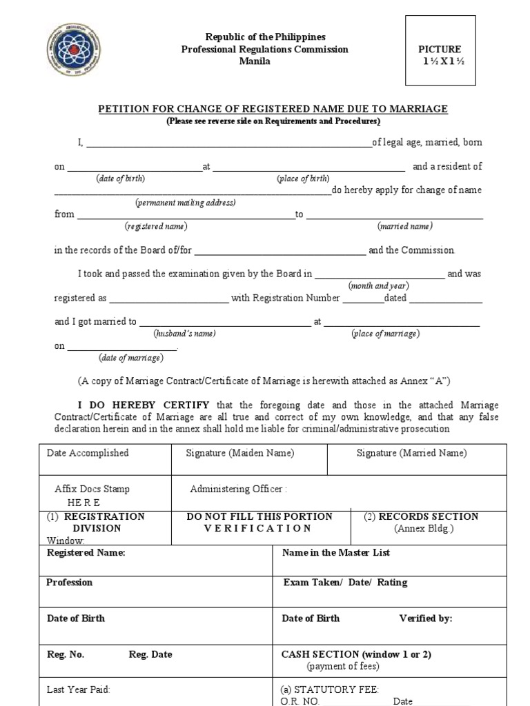 PRC Petition for Change of Registered Name Due to Marriage Form