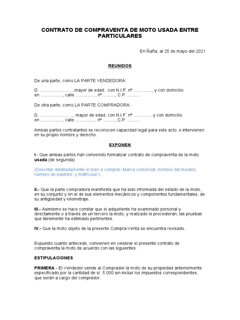 Contrato de Compraventa de Moto Usada Entre Particulares | PDF ...