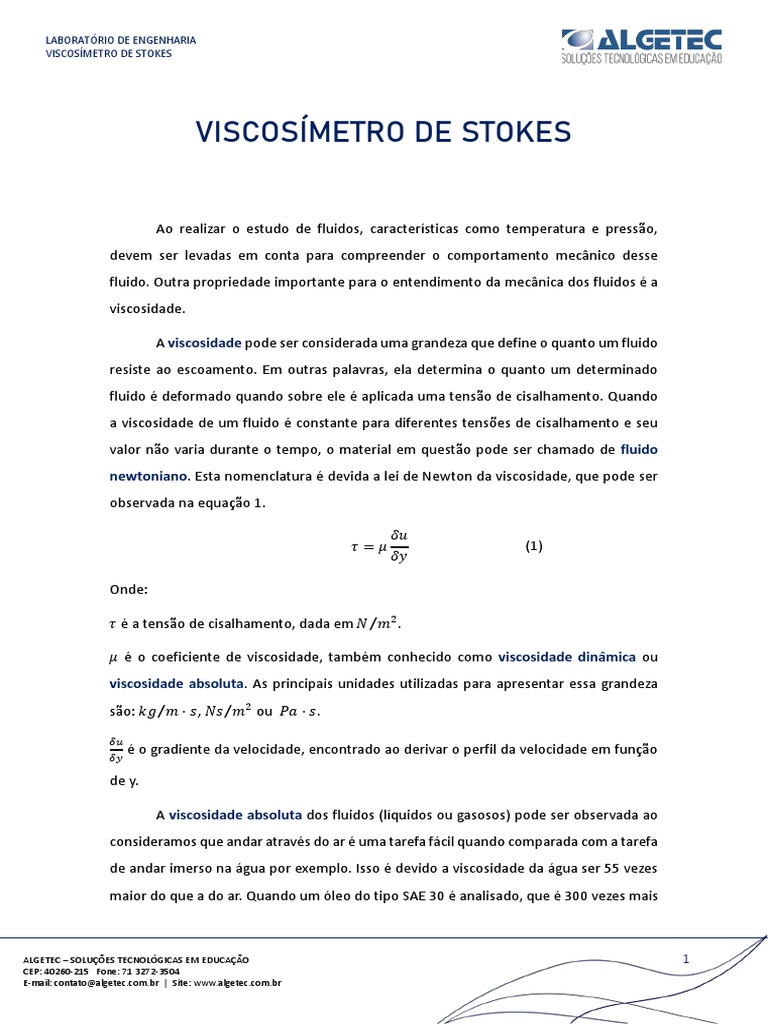 Viscosímetro de Stokes | PDF | Viscosidade | Mecânica dos fluidos