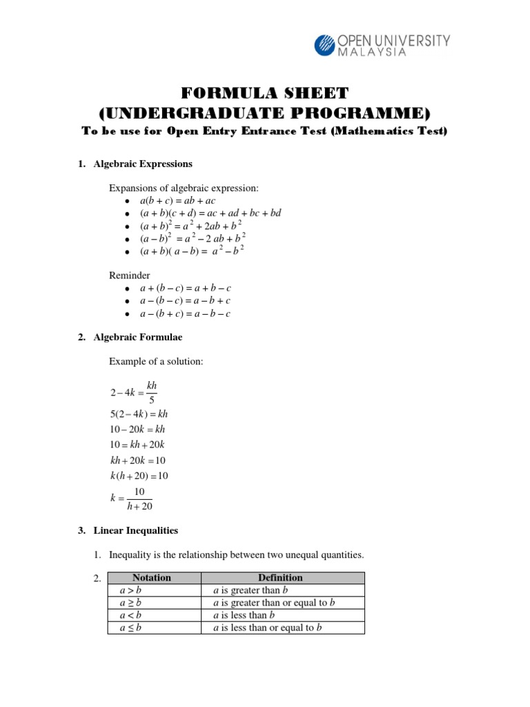 Undergraduate Mathematics Formula Sheet | PDF | Inequality (Mathematics ...
