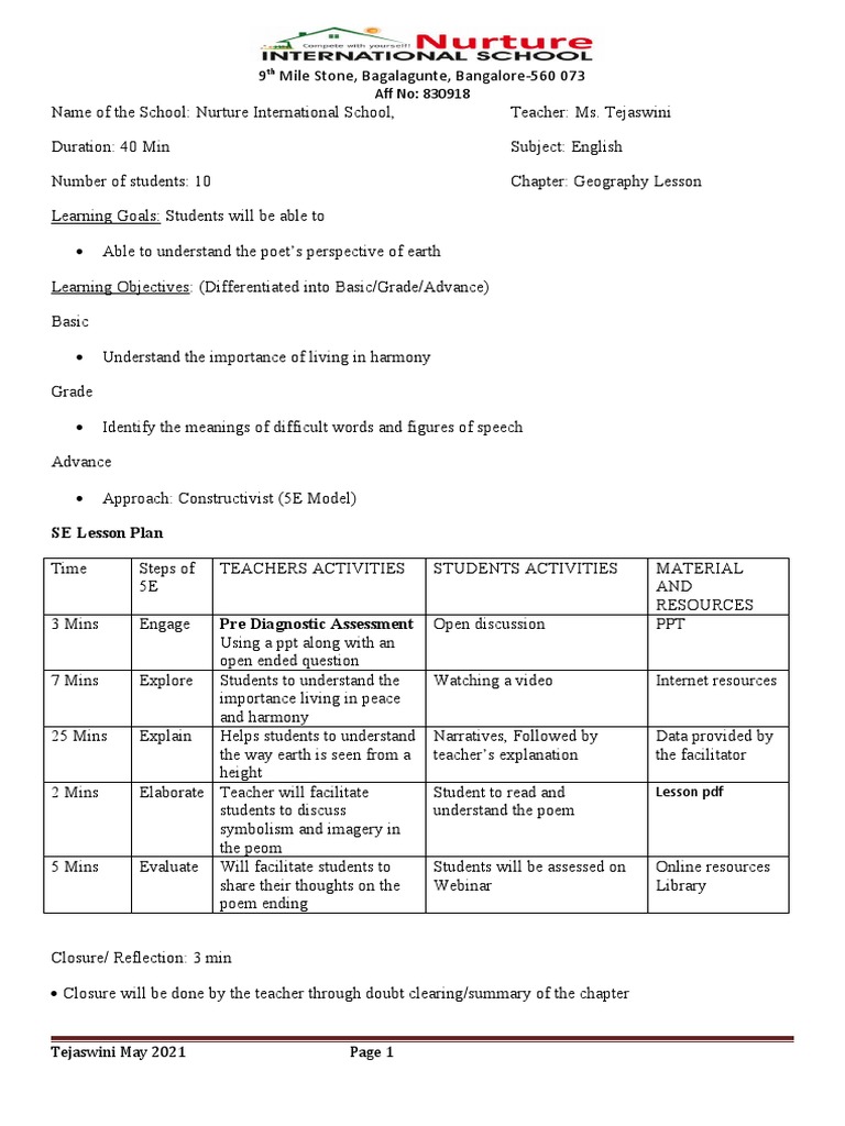 Aff No: 830918: SE Lesson Plan | PDF | Lesson Plan | Education Theory