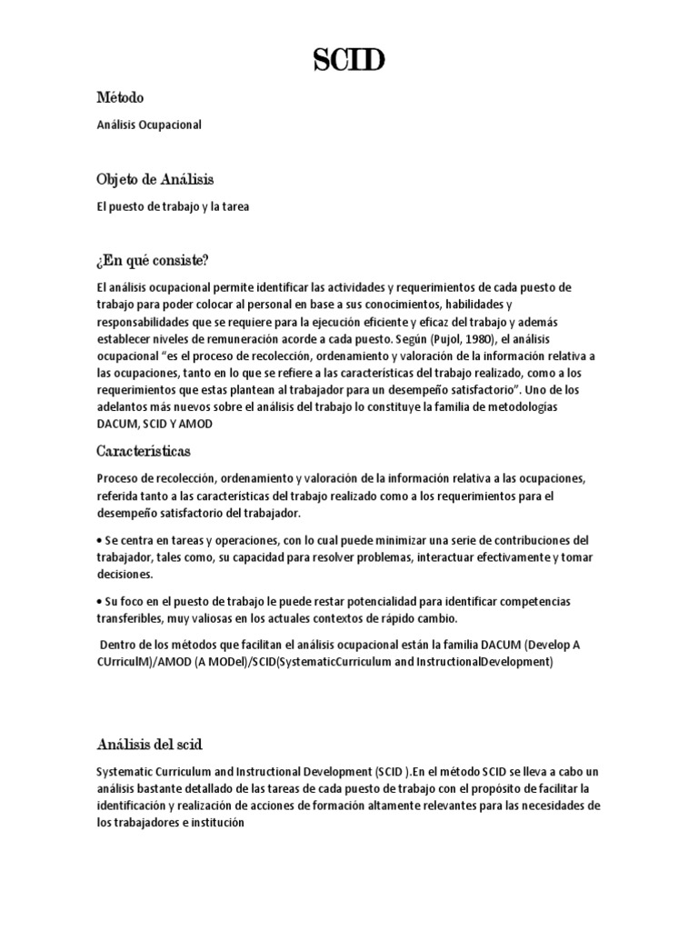Análisis Ocupacional con Método SCID | PDF | Plan de estudios | Evaluación