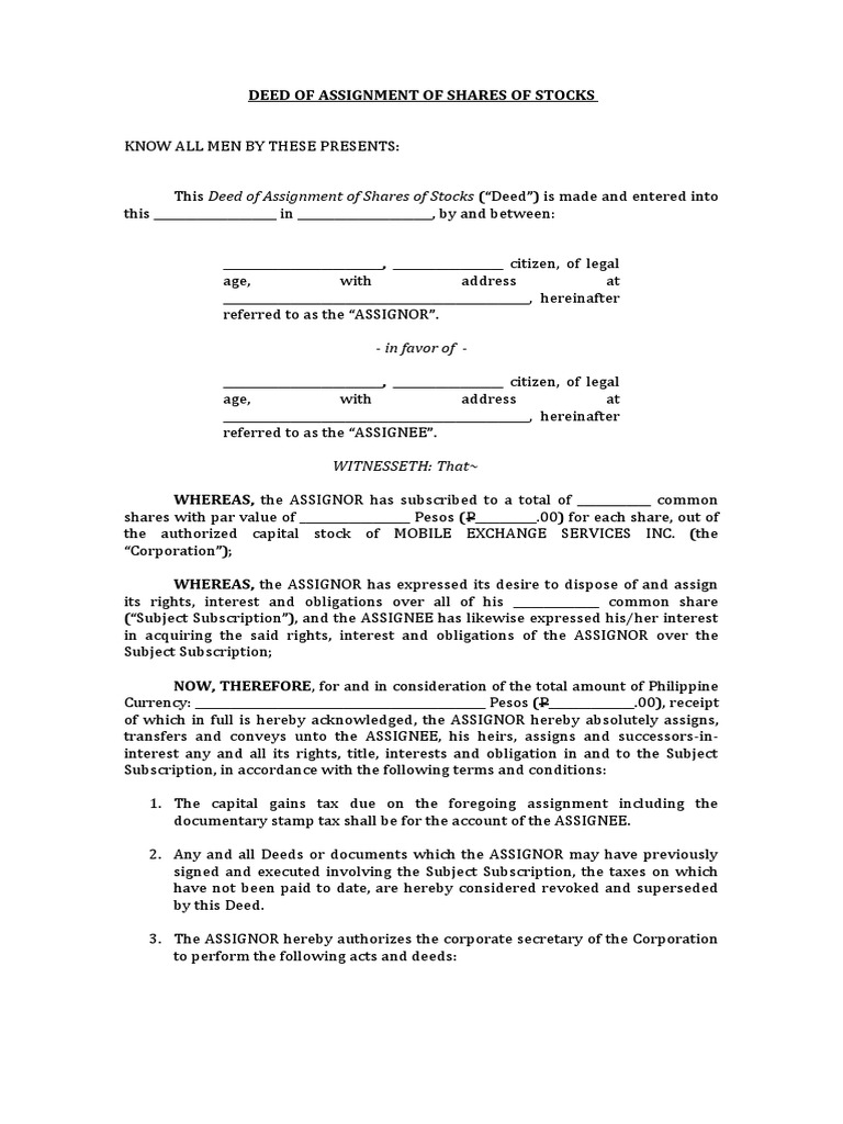 Deed of Assignment of Shares | PDF | Assignment (Law) | Stocks