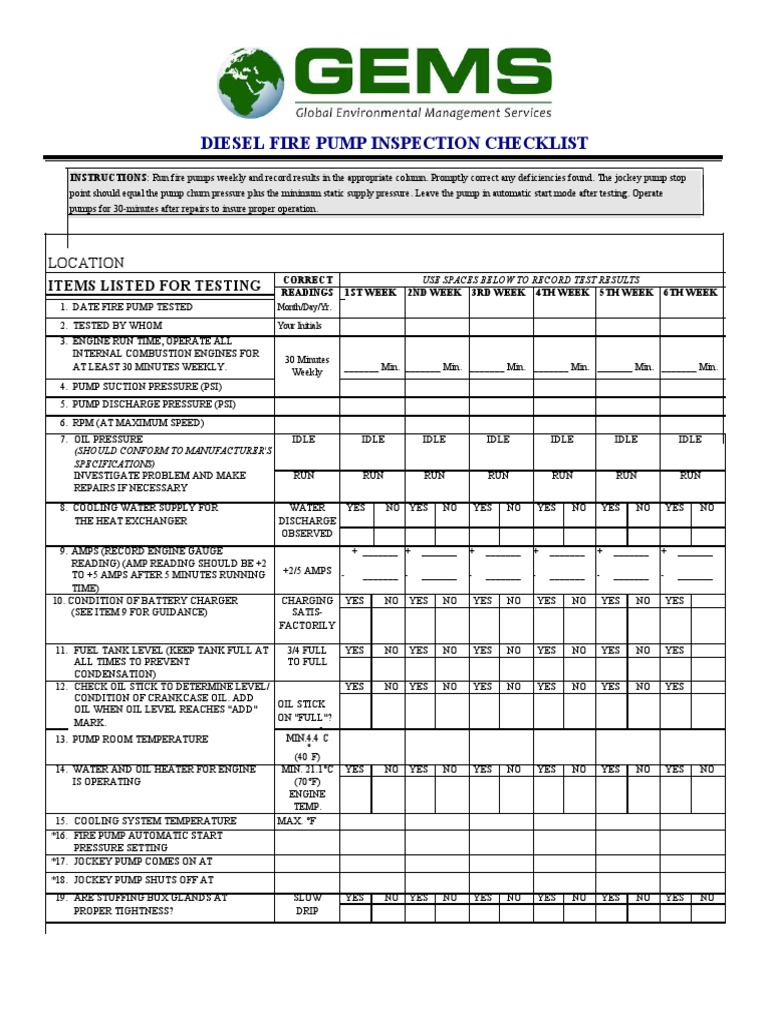 Diesel Fire Pump Inspection Checklist | PDF | Pump | Engines