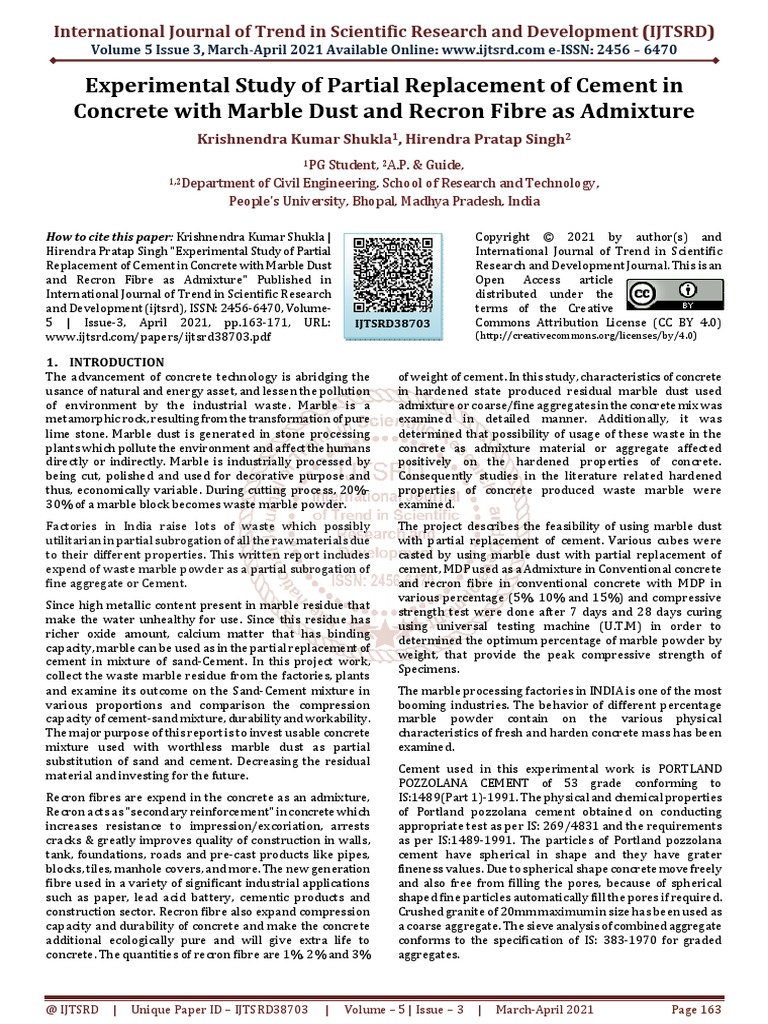Experimental Study of Partial Replacement of Cement in Concrete With ...
