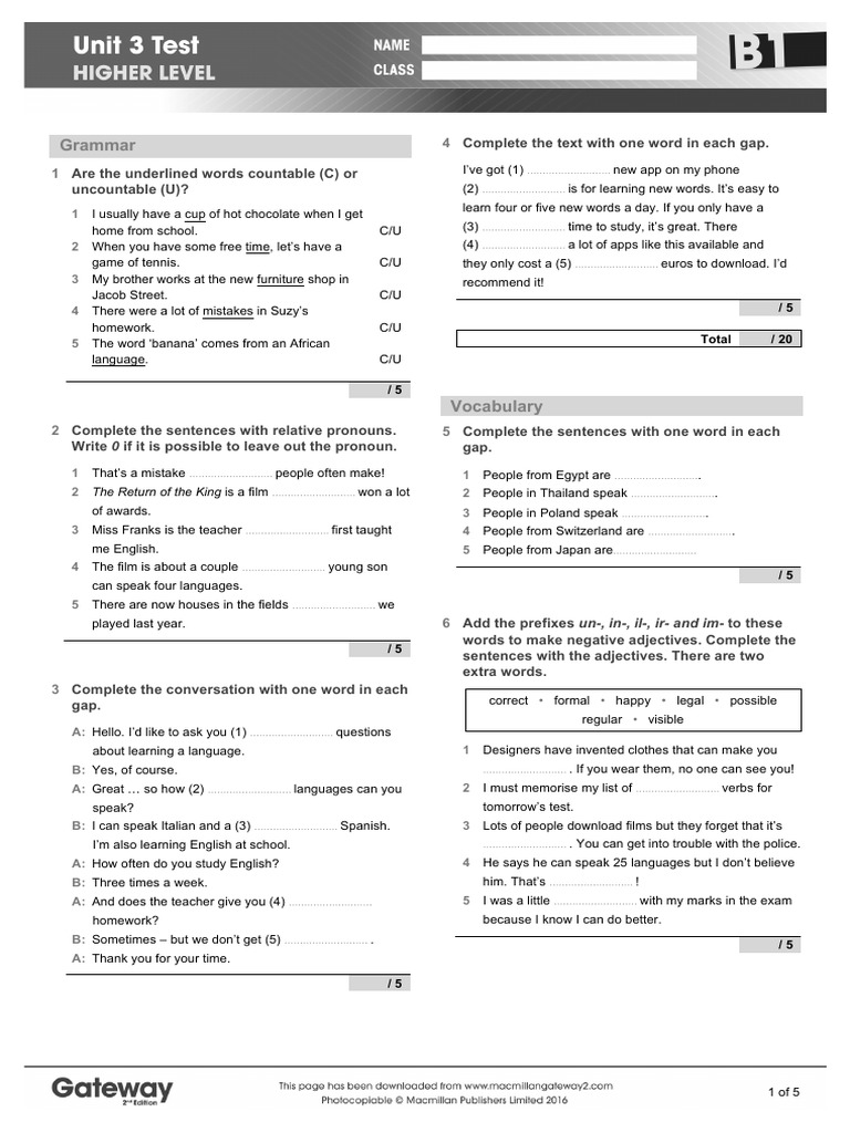 B1 Unit 3 Test Higher Pdf English Language Language Mechanics