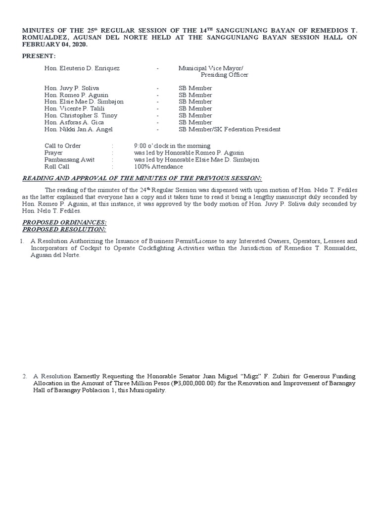 Reading and Approval of The Minutes of The Previous Session | PDF ...